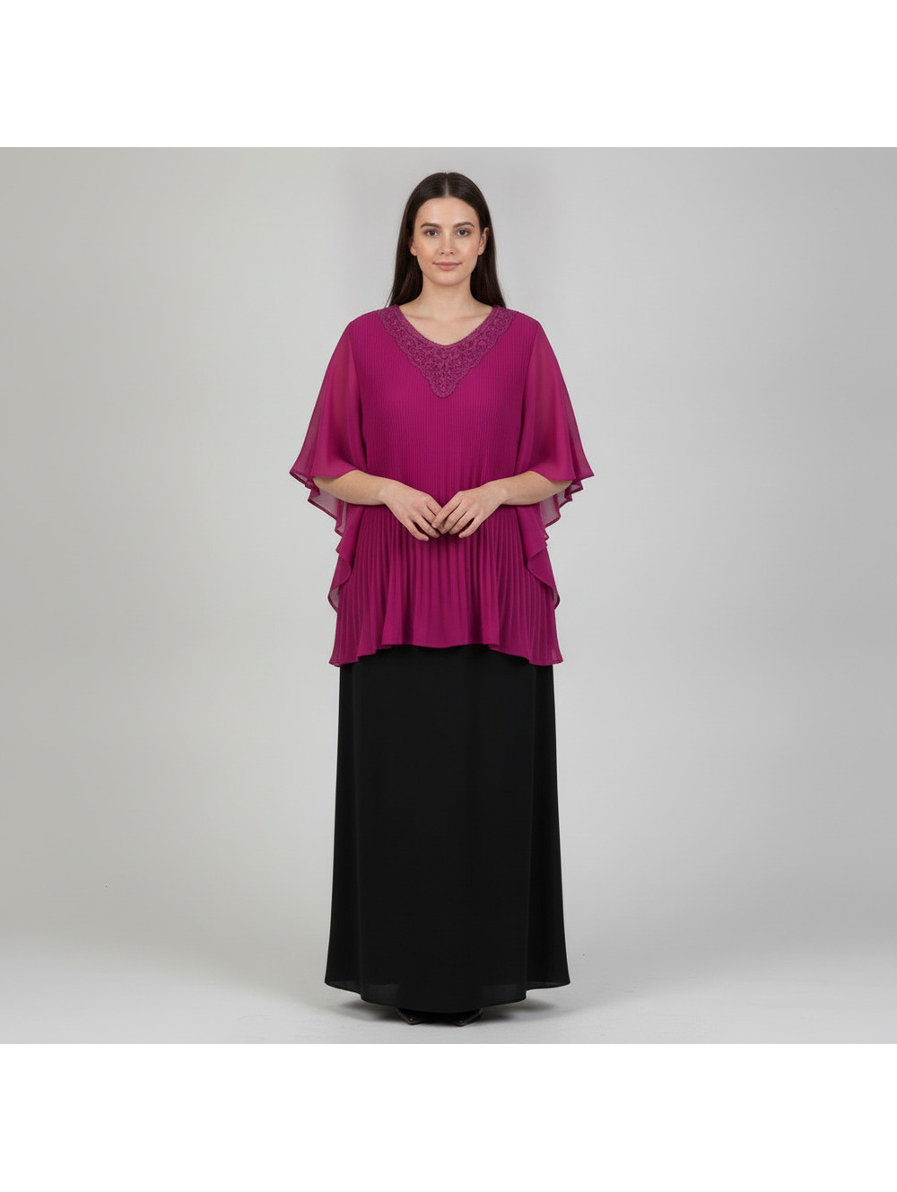 Catherines Petite 1XWP 18/20WP Fuchsia Pleated Blouse with Lace Detail